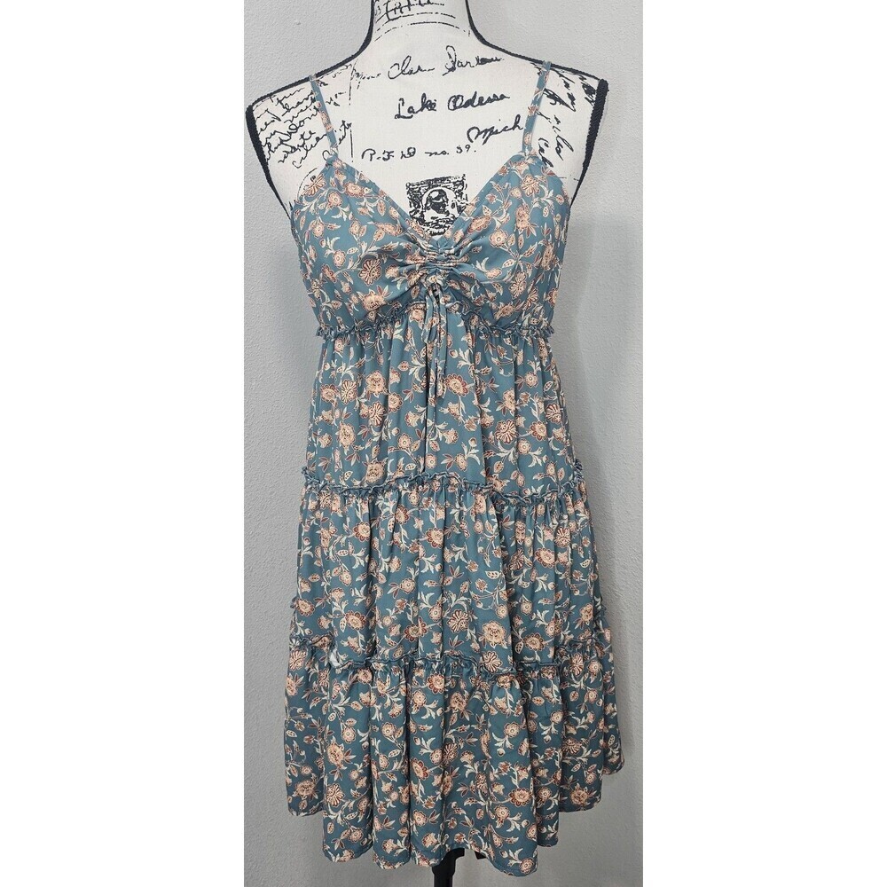 Bloomfield A-Line Floral Teal Brown Cream Spaghetti Strap Ruffled Sundress Large